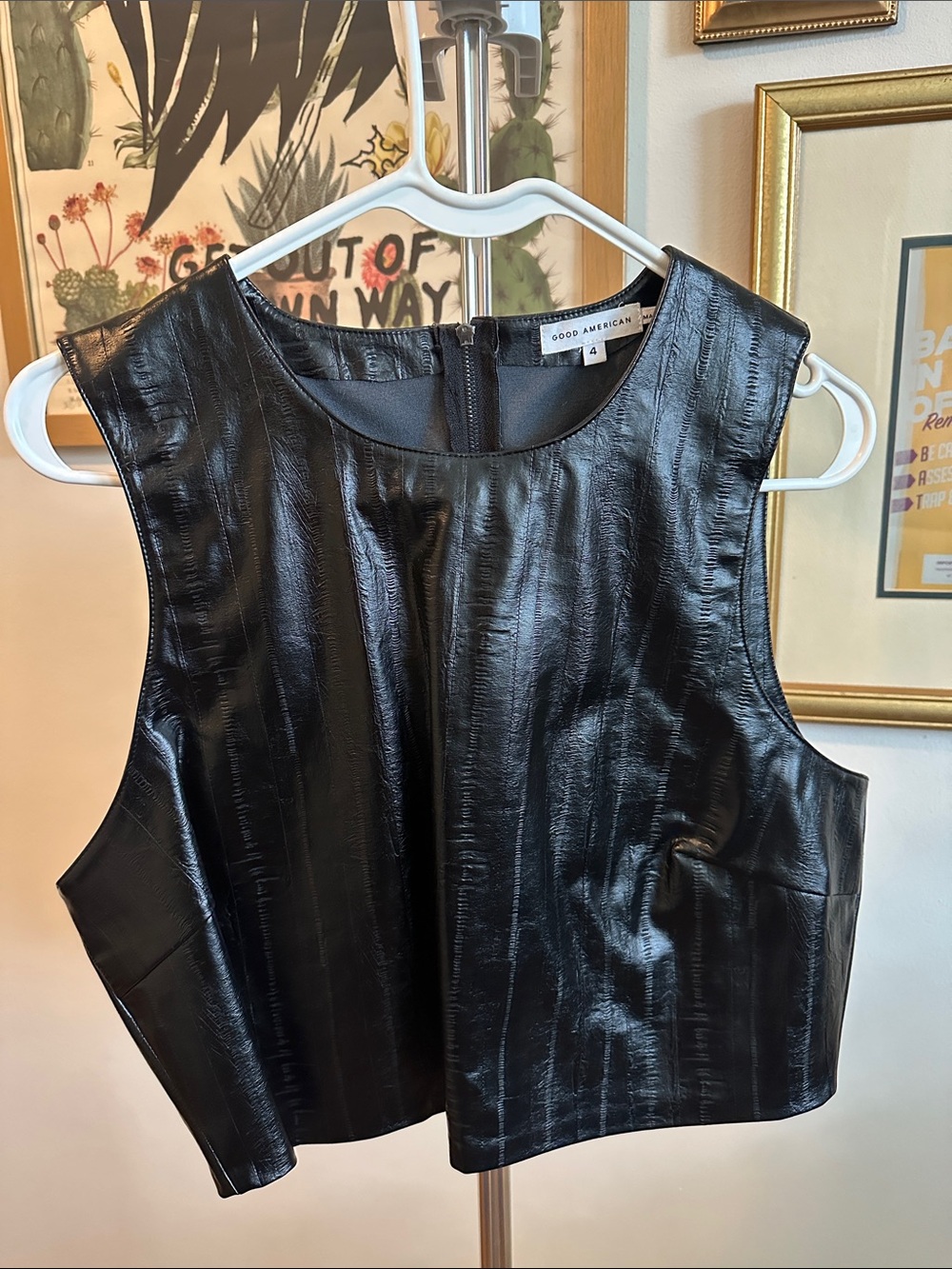 Good American Black Faux Leather Crop Top